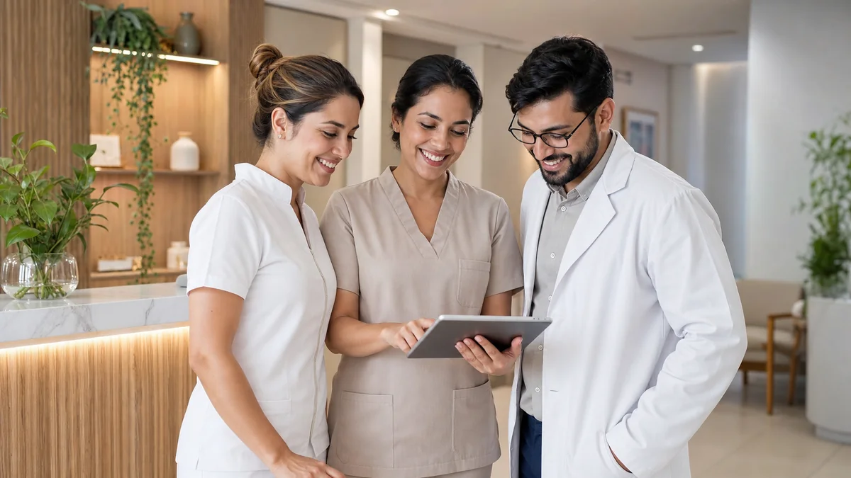 Equipe de clínica sorrindo ao conferir agenda em tablet