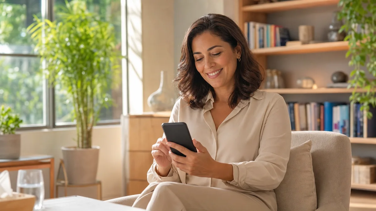 Profissional de terapia sorrindo ao organizar agendamentos pelo celular